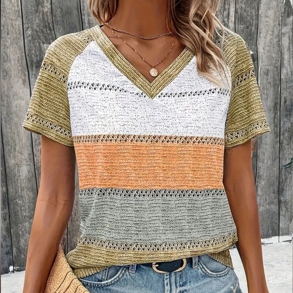 Striped V Neck Short Sleeve Top Orange Brown Size XL - Picture 1 of 8